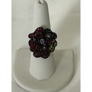 Vtg Bronze Tone Rhinestone Flower Adjustable Cocktail Ring. Size 8.5